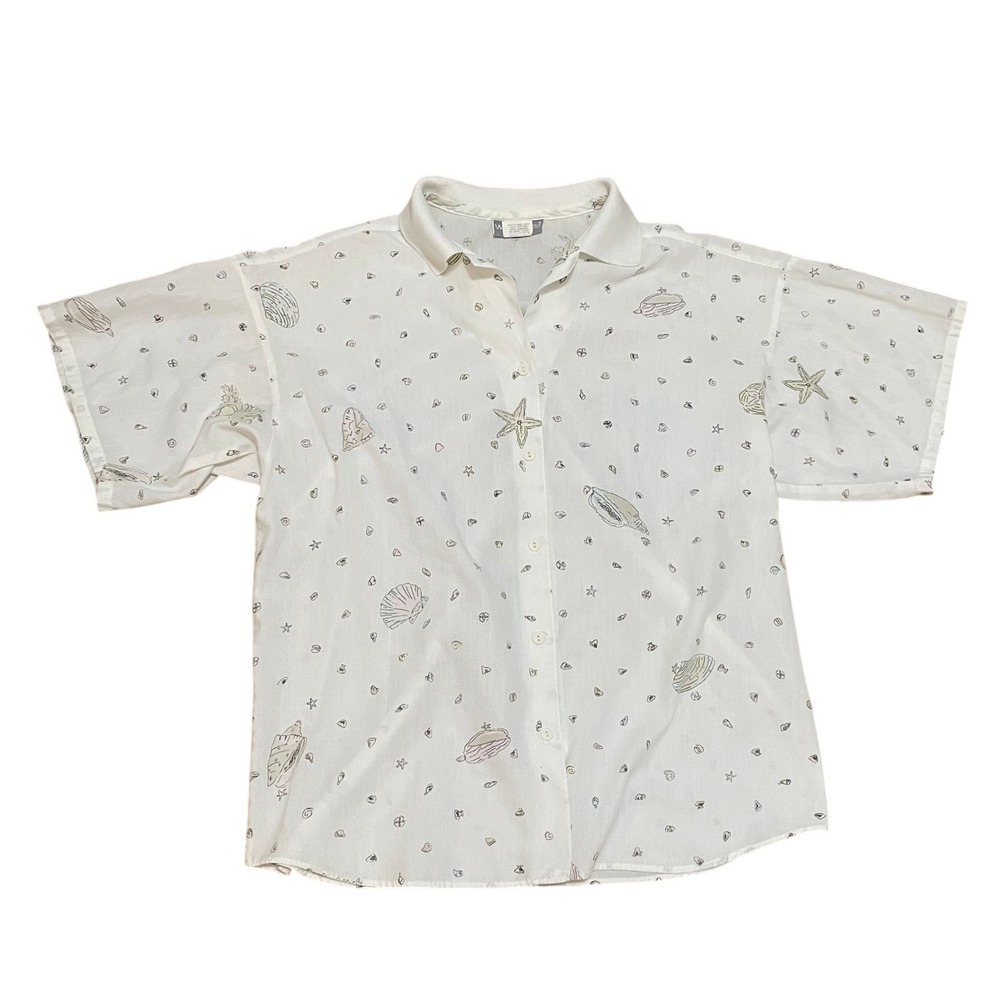 VTG White Stag Women's 6 Birth of Venus Seashell Boxy Button Down SS Shirt White